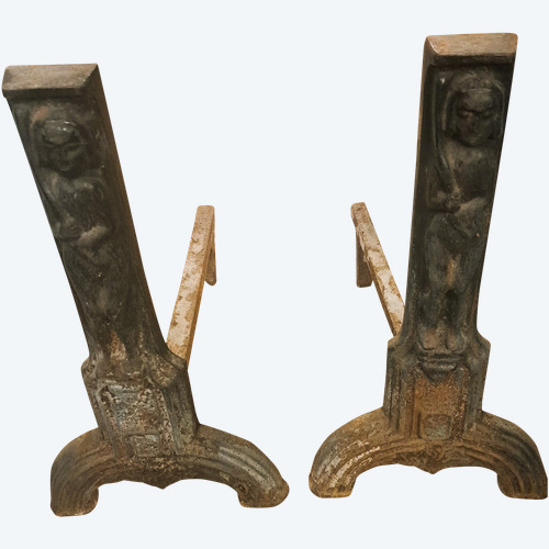 Pair of Gothic Style Fireplace Andirons 19th Century