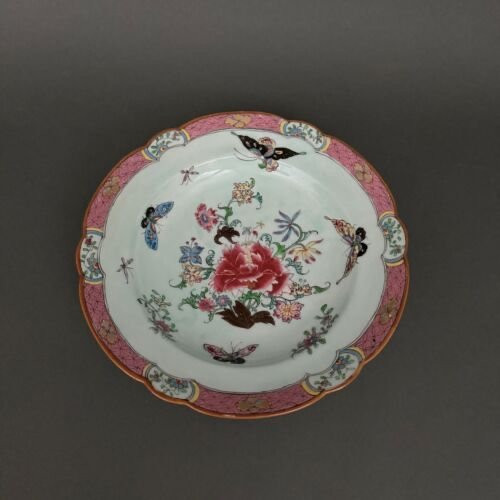 China plate with 19th century signature decorated with butterflies and vegetation