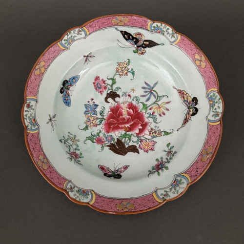 China plate with 19th century signature decorated with butterflies and vegetation