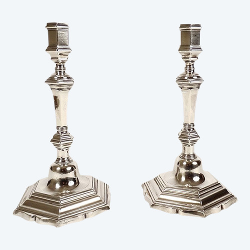 Pair of Louis XV Candlesticks in Solid Silver, Farmers General, Rennes, 1154gr, 18th Century
