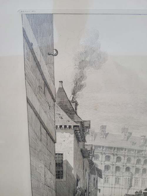 Gravure par "De la Rochebrune "/ Rare Vue sur le chateau de Blois 1871
