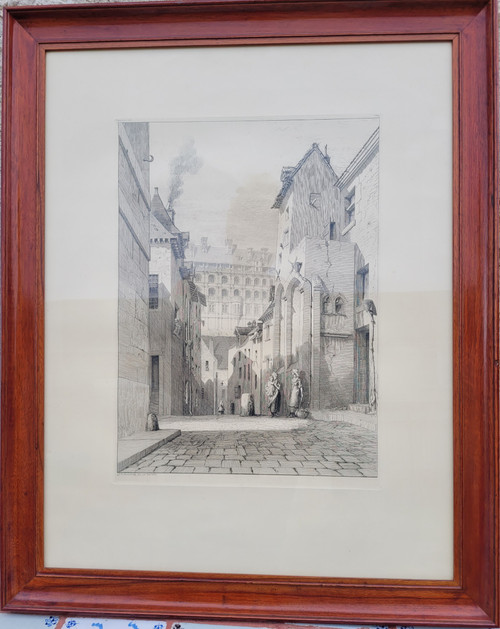 Gravure par "De la Rochebrune "/ Rare Vue sur le chateau de Blois 1871