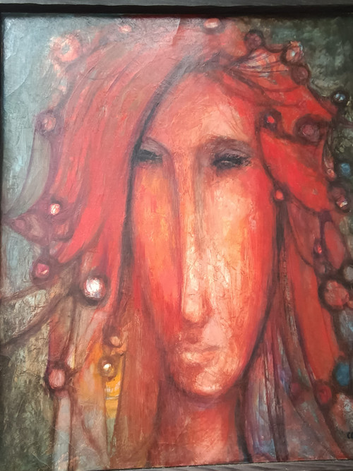 René CAZASSUS „Rote Prinzessin“ Gemälde Öl auf Leinwand Porträt einer Frau