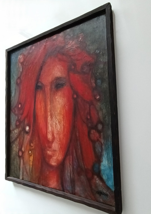 René CAZASSUS „Rote Prinzessin“ Gemälde Öl auf Leinwand Porträt einer Frau