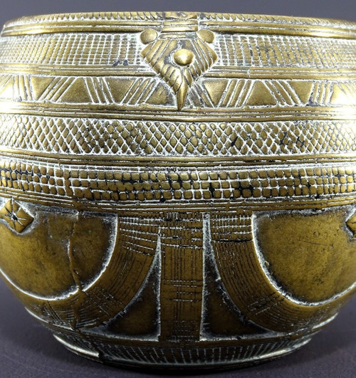 India, Early 20th Century, Dokhra Tribal Art, Brass Bowl Geometric Patterns, Rice Measure.