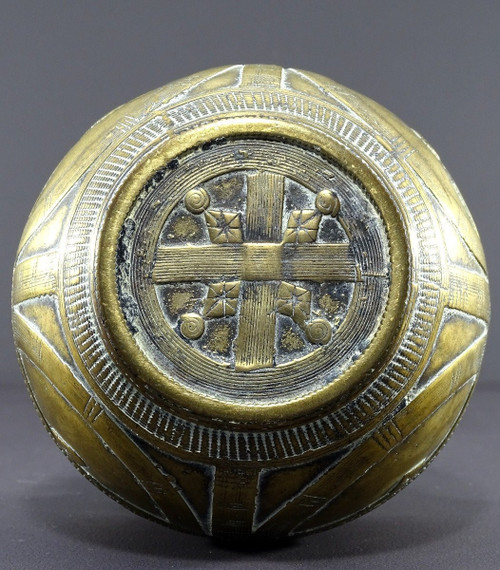 India, Early 20th Century, Dokhra Tribal Art, Brass Bowl Geometric Patterns, Rice Measure.