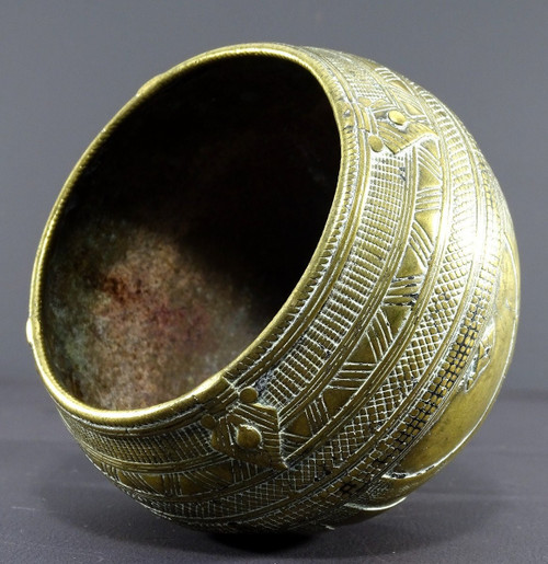 India, Early 20th Century, Dokhra Tribal Art, Brass Bowl Geometric Patterns, Rice Measure.