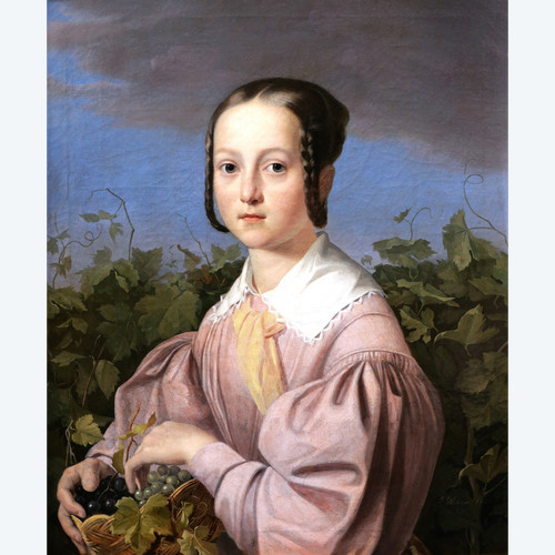 Joseph WEBER, Portrait d'une jeune fille tenant une corbeille de raisin