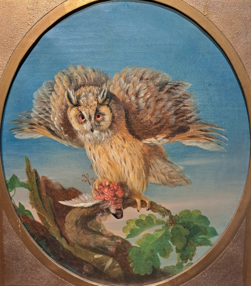 Seguace di Jean Jacques Bachelier (1724-1806), La civetta e la sua preda, olio