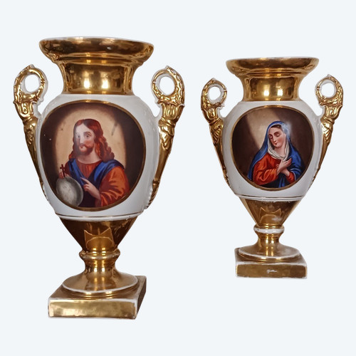 Paris, Restoration period, Louis-Philippe - pair of porcelain vases - religiosa