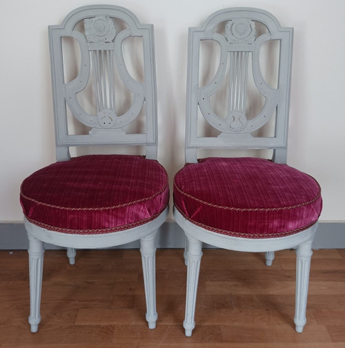 France, Louis XVI period - pair of lyre chairs, relacquered and maddered silk velvet