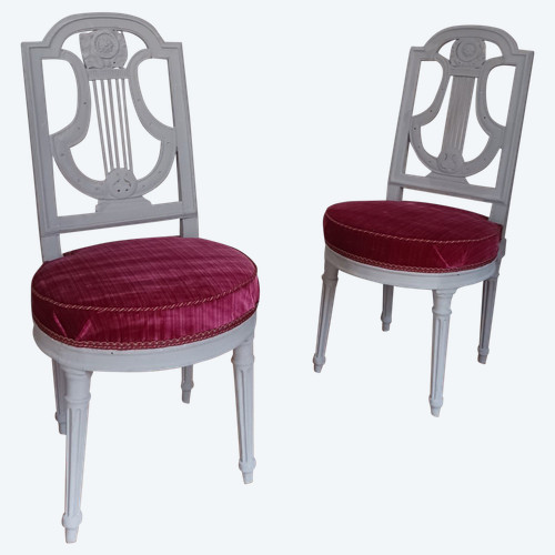 France, Louis XVI period - pair of lyre chairs, relacquered and maddered silk velvet