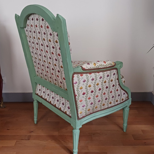 Rhône Valley, Louis XVI period - ample bergère à la reine - restored, Lelièvre silk