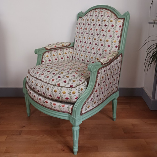 Rhône Valley, Louis XVI period - ample bergère à la reine - restored, Lelièvre silk