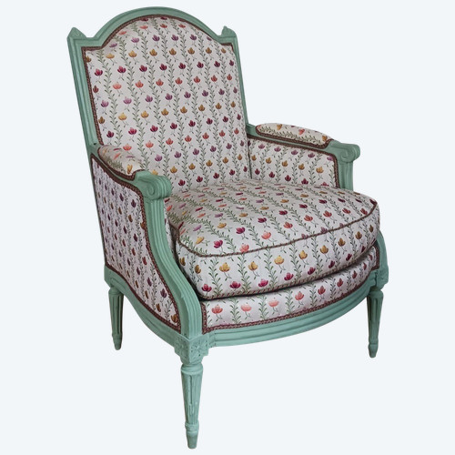 Rhône Valley, Louis XVI period - ample bergère à la reine - restored, Lelièvre silk