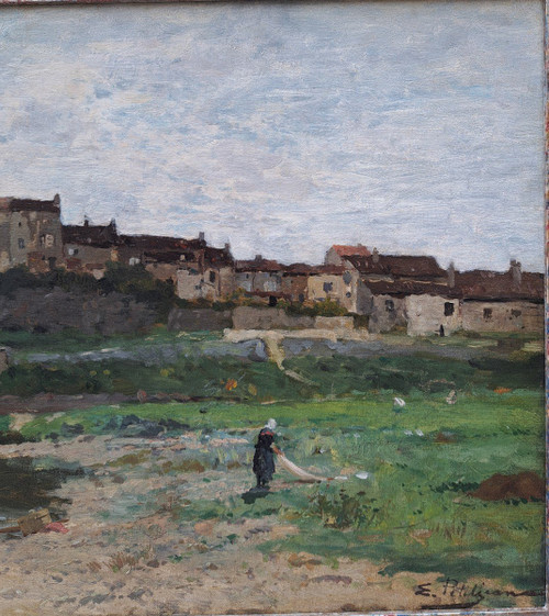 Edmond Petitjean (1844-1925), Une Lavandière Devant Moret Sur Loing (?)