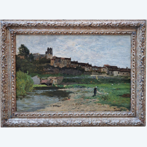 Edmond Petitjean (1844-1925), Une Lavandière Devant Moret Sur Loing (?)