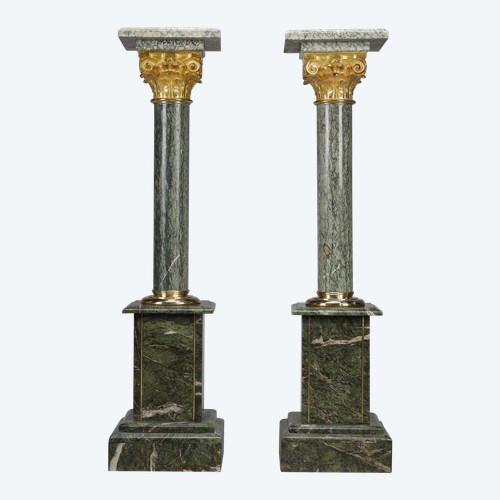 Pair of green Estours marble columns with Corinthian capitals