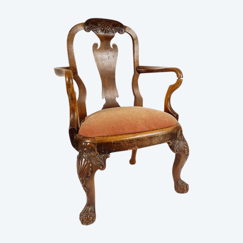 Fauteuil d'enfant Anglais Chippendale Noyer Sculpté Coquilles Griffes XIXè