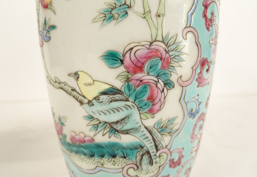 Pair of Chinese Porcelain Baluster Vases Birds Flowers Double Circle 19th century