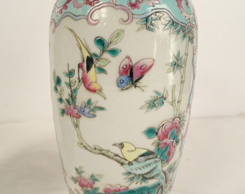 Pair of Chinese Porcelain Baluster Vases Birds Flowers Double Circle 19th century