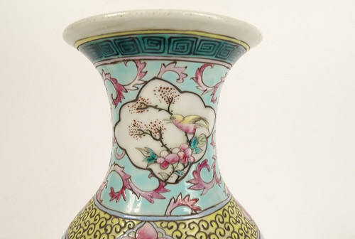 Pair of Chinese Porcelain Baluster Vases Birds Flowers Double Circle 19th century