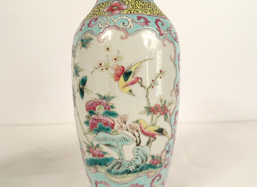 Pair of Chinese Porcelain Baluster Vases Birds Flowers Double Circle 19th century