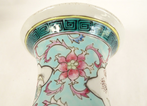 Pair of Chinese Porcelain Baluster Vases Birds Flowers Double Circle 19th century
