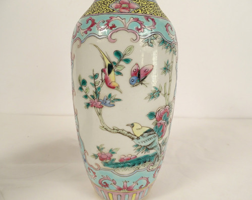 Pair of Chinese Porcelain Baluster Vases Birds Flowers Double Circle 19th century