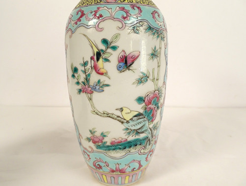 Pair of Chinese Porcelain Baluster Vases Birds Flowers Double Circle 19th century