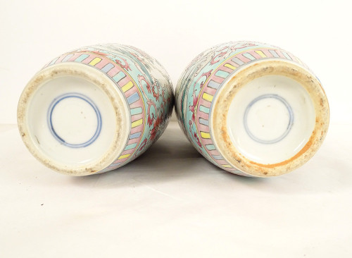 Pair of Chinese Porcelain Baluster Vases Birds Flowers Double Circle 19th century