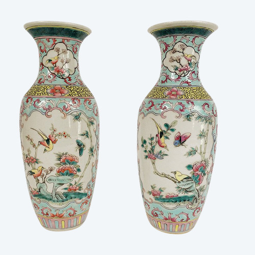 Pair of Chinese Porcelain Baluster Vases Birds Flowers Double Circle 19th century