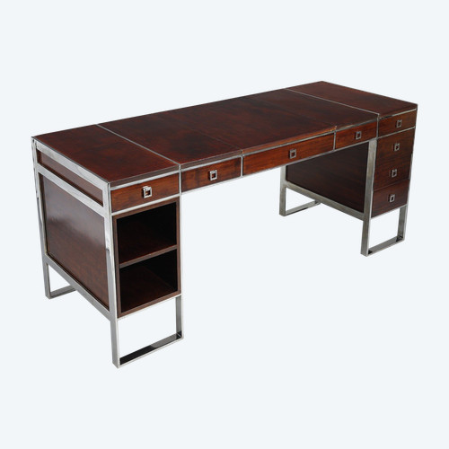 Large stainless steel wood and leather desk attributed to Guy Lefèvre for Jansen, 1970s.