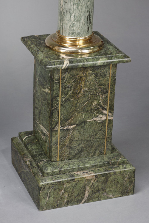 Pair of green Estours marble columns with Corinthian capitals