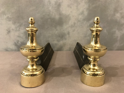 Small antique brass and cast iron andirons from the 19th century Louis Philippe period