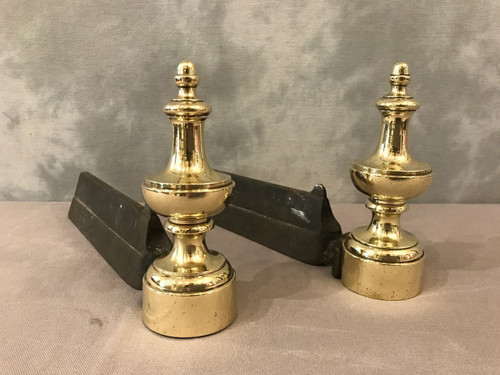 Small antique brass and cast iron andirons from the 19th century Louis Philippe period