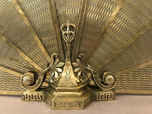 Pare feu de cheminée ancien en éventail  en bronze et laiton d'époque fin 19 ème 