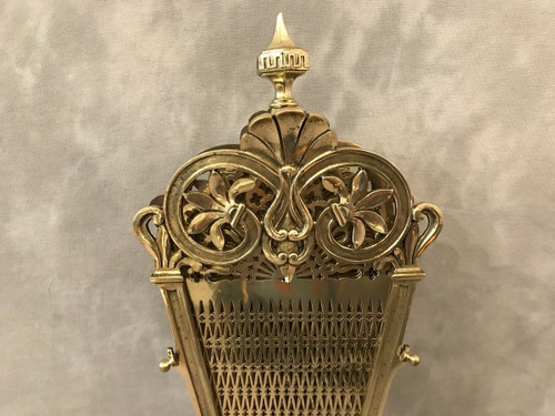 Pare feu de cheminée ancien en éventail  en bronze et laiton d'époque fin 19 ème 
