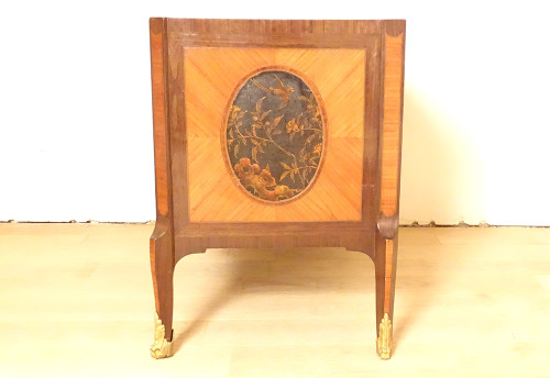 Commode Transition marqueterie panneaux laque Chine paysages marbre XVIIIè