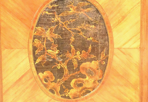 Commode Transition marqueterie panneaux laque Chine paysages marbre XVIIIè
