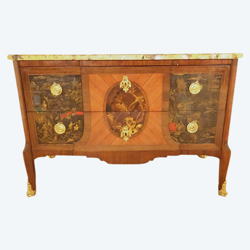 Commode Transition marqueterie panneaux laque Chine paysages marbre XVIIIè