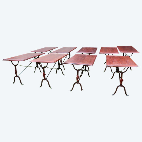 Suite De 9 Tables De Bistrot 1900 à Piètement Fer Forgé à Décor De Rose