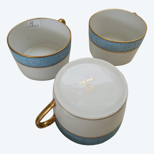 Nina Ricci 3 blue and gold porcelain chocolate cups /thé