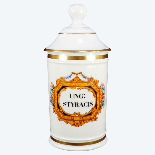 Pot a PHARMACIE en Porcelaine de PARIS "FONTEMOING & PEIGNEY" UNG : STYRACIS