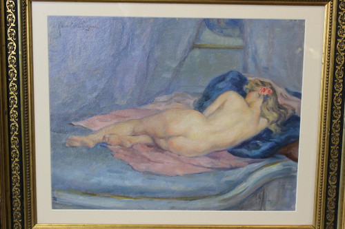 Olio su cartone Nudo con cuscino blu di Humbert Vignot