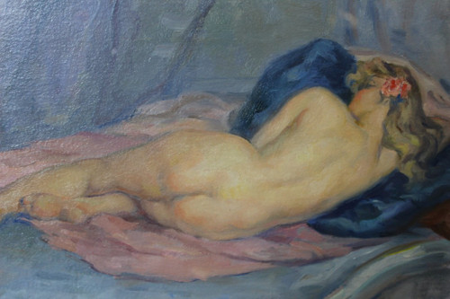 Olio su cartone Nudo con cuscino blu di Humbert Vignot