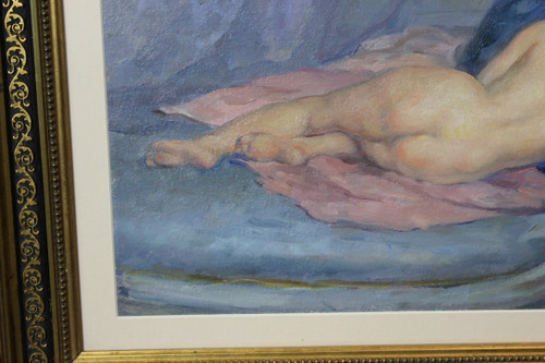 Olio su cartone Nudo con cuscino blu di Humbert Vignot