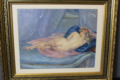 Olio su cartone Nudo con cuscino blu di Humbert Vignot