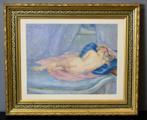 Olio su cartone Nudo con cuscino blu di Humbert Vignot