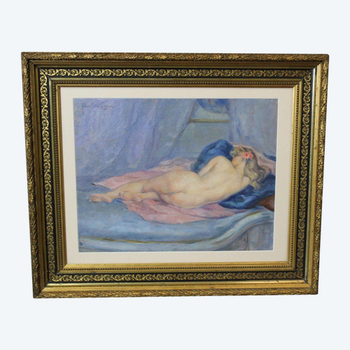Olio su cartone Nudo con cuscino blu di Humbert Vignot